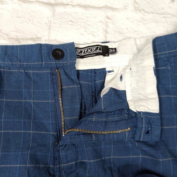 Ezekiel Men's Shorts flat front skate beach cotton blue houndstooth plaid sz 34 - Picture 3 of 6